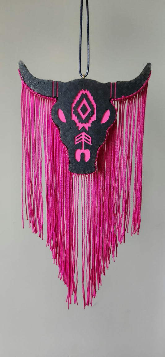 Pink longhorn fringe hanging air freshener ornament with black graphic and tassels