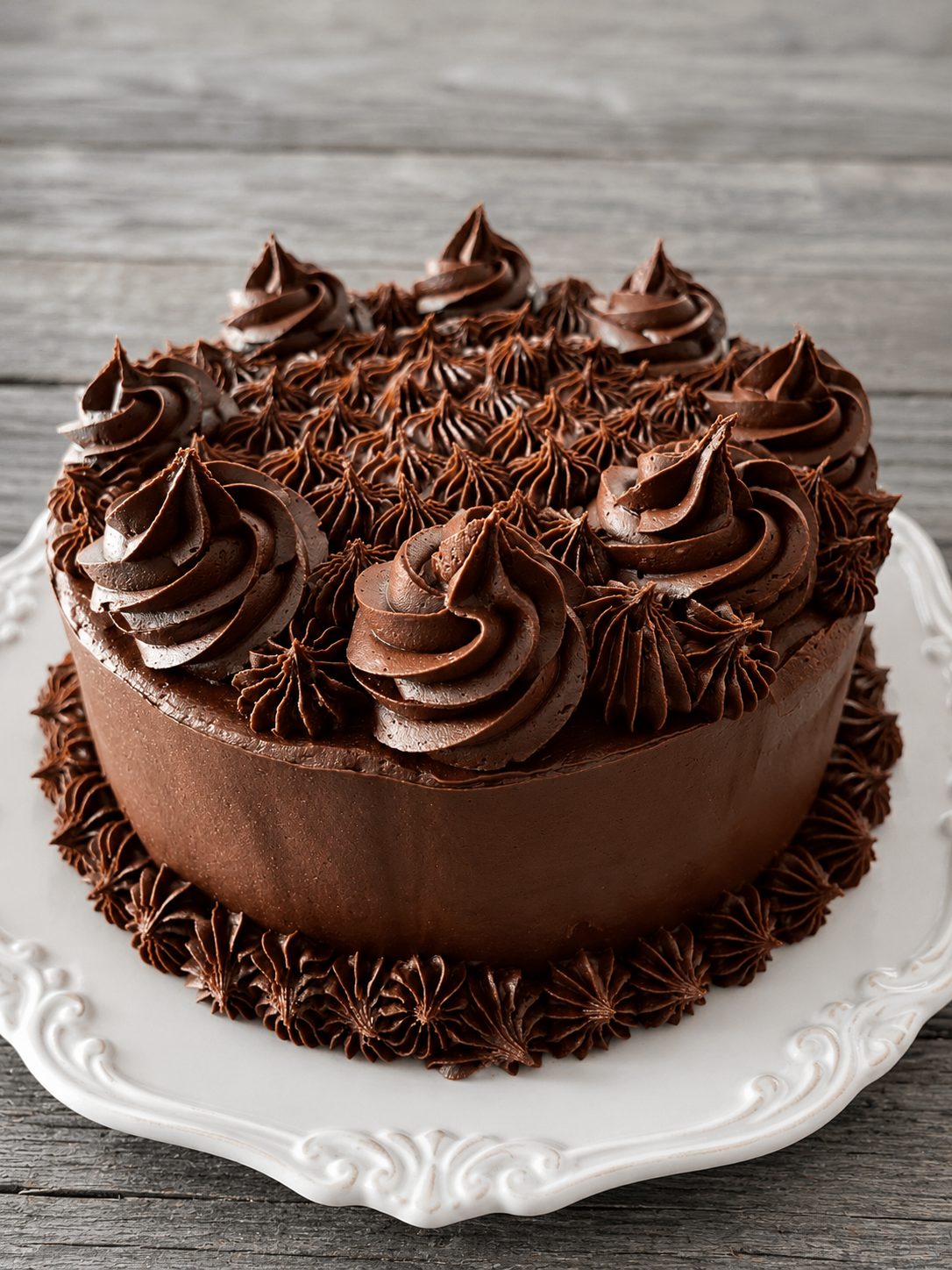 Chocolate cake with dark chocolate rosette frosting on top, on white plate