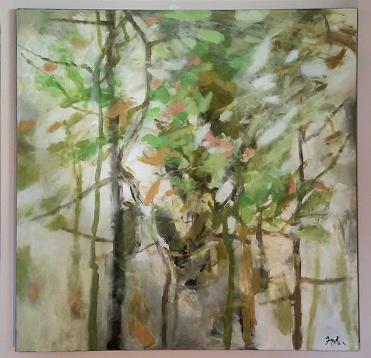 Abstract forest tree painting with green and brown brushstrokes in a frame