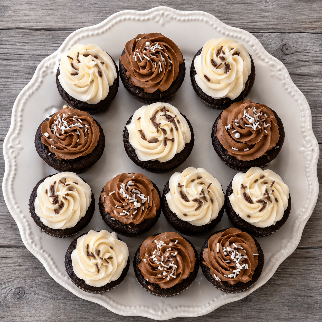 Plate of 12 cupcakes with swirled chocolate and vanilla frosting