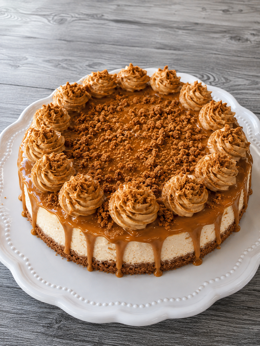 Round Biscoff cheesecake with caramel drizzle and piped Biscoff cream swirls