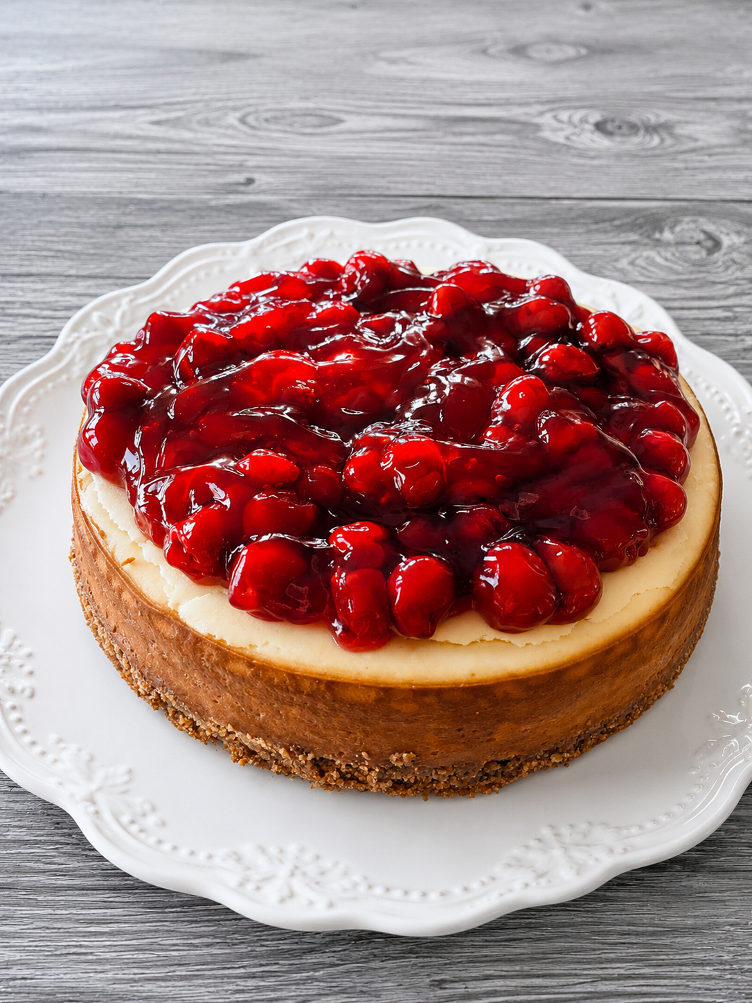Cheesecake with smooth cream filling and glossy cherry topping in a graham crust