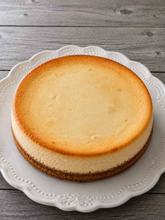 Plain classic cheesecake, round golden custard top on white scalloped serving plate