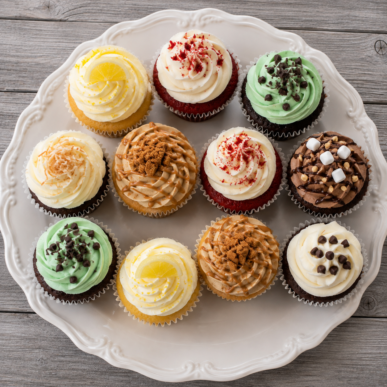Assorted cupcakes on a decorative tray with swirled frosting and toppings