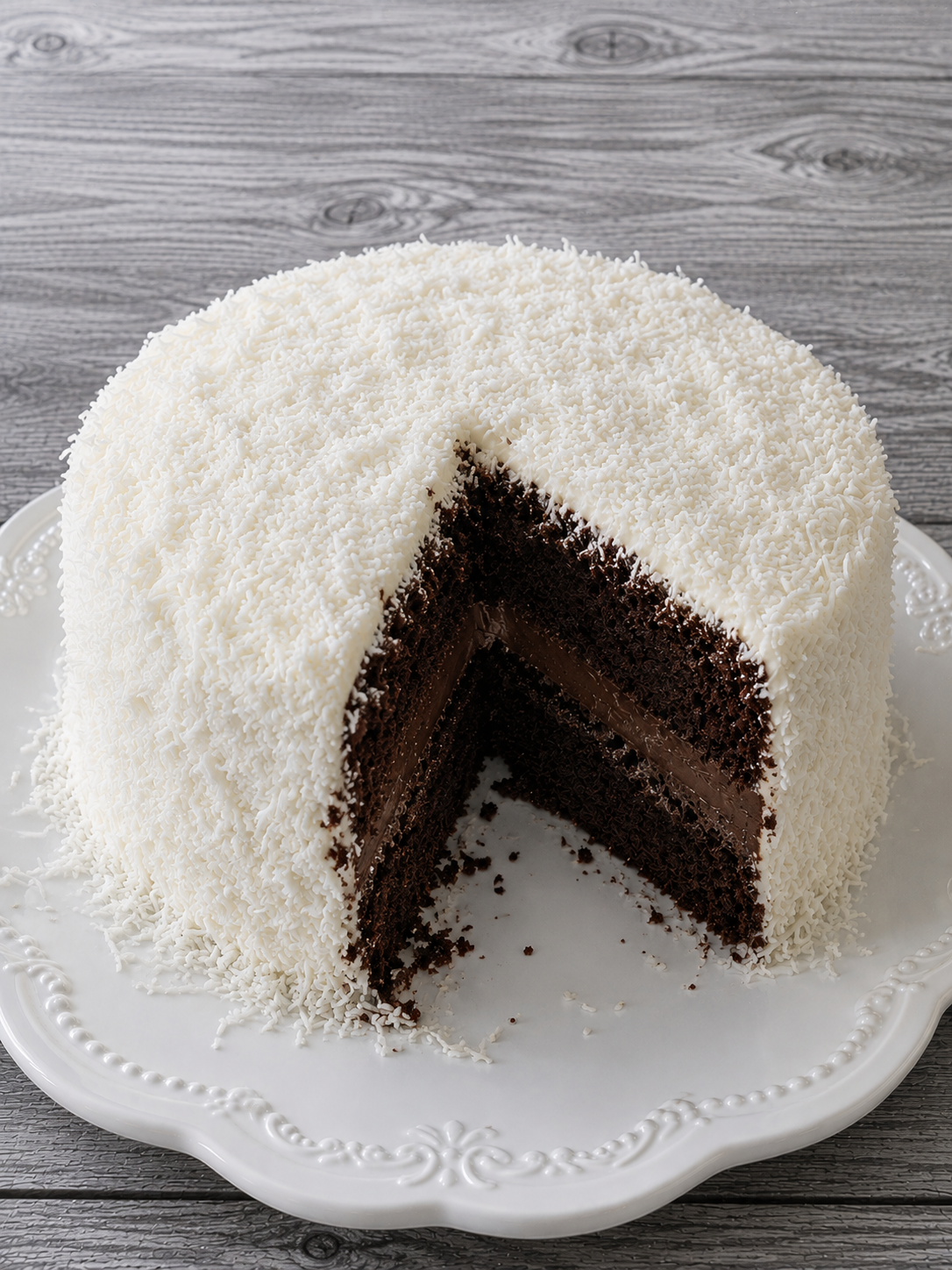 Coconut chocolate cake slice showing dark chocolate layers on white coconut crust