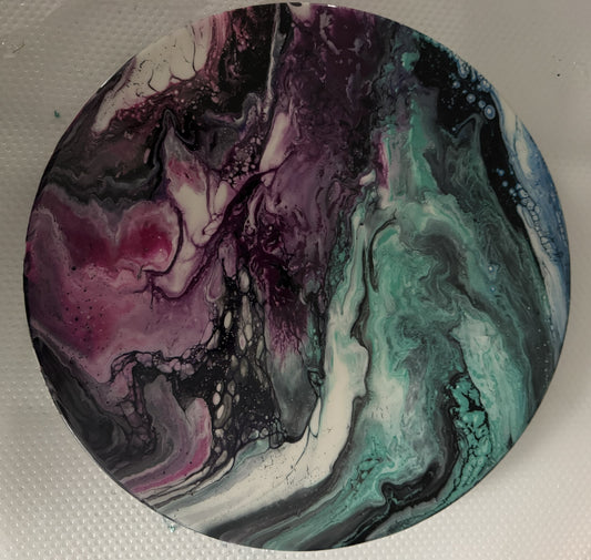 Acrylic pour canvas, 12x12 in, purple and teal abstract swirl with dark edges