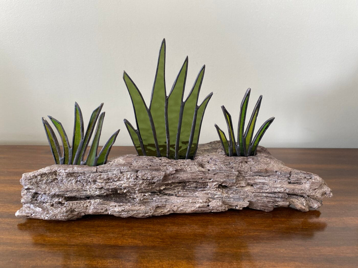 Stained Glass Cactus Succulents Centrepiece Inlaid on Driftwood Base