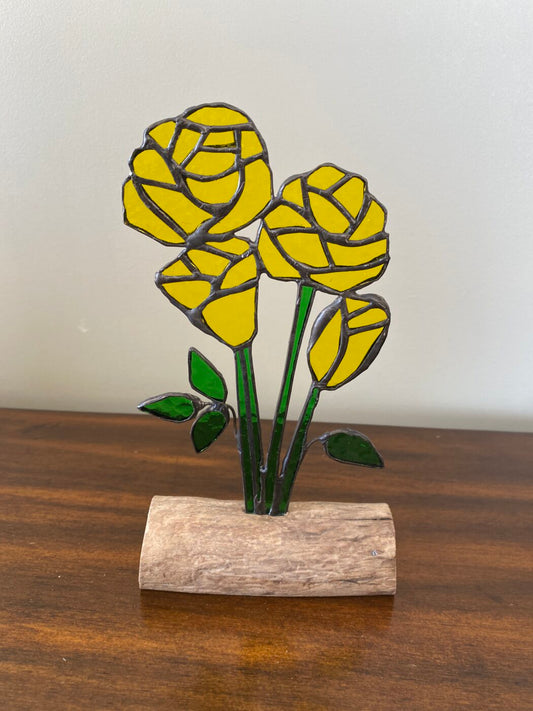 Staines Glass Roses Inlaid on Driftwood Base - Yellow