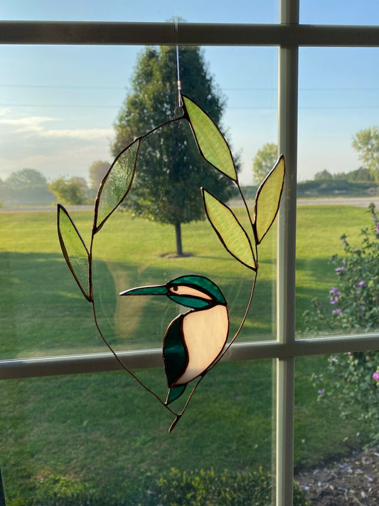 Stained Glass Bird Perching on Branches Hanging Panel Artwork