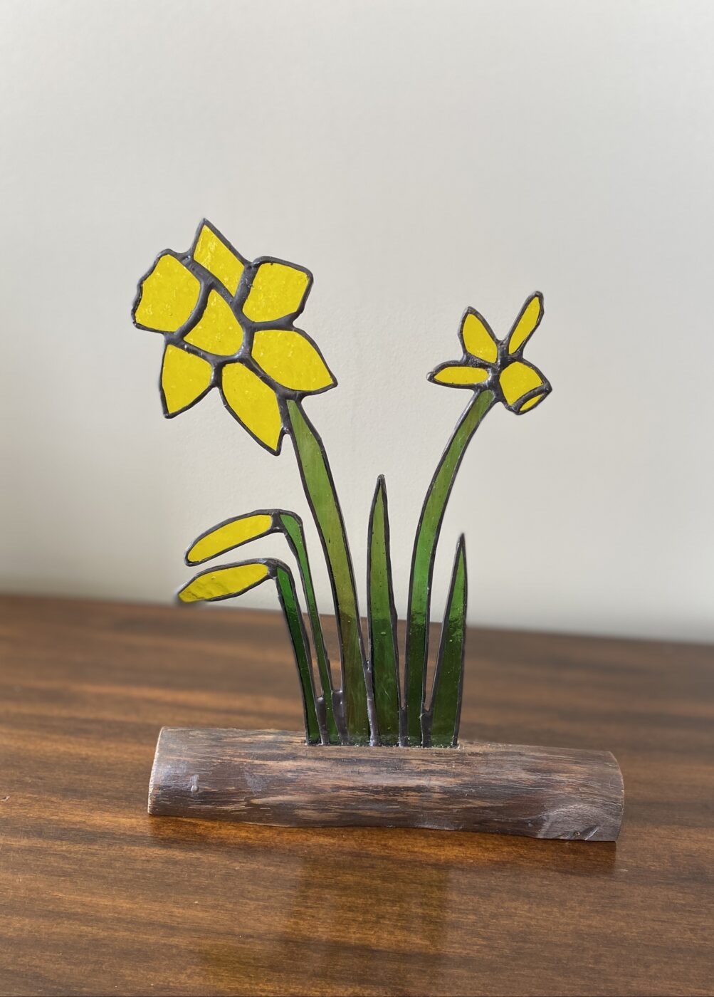 Stained Glass Daffodils Inlaid on Driftwood Base