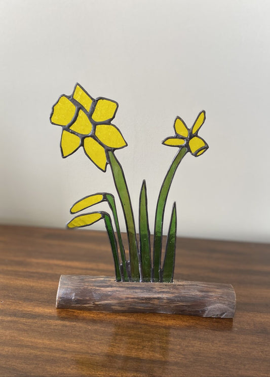 Stained Glass Daffodils Inlaid on Driftwood Base