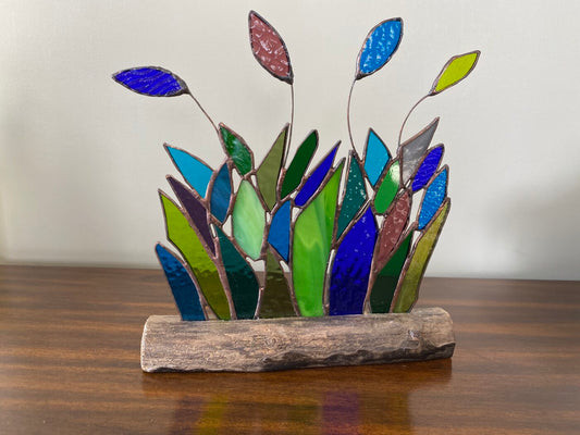 Stained Glass Falling Leaves Panel Inlaid on Driftwood Base -  available in a variety of colours to choose from