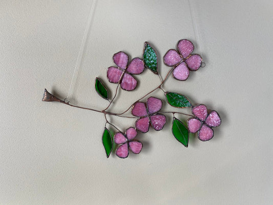 Stained Glass Flowering Dogwood Branch Flower Blossom Hanging Panel Artwork
