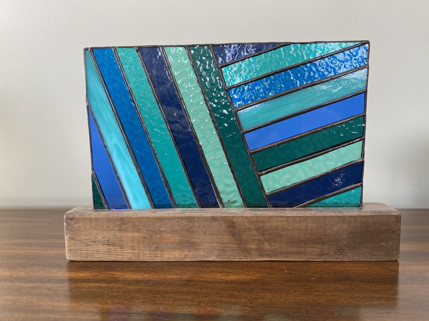 Stained Glass Geometric Panel Inlaid on a Finished Hardwood Base - Shades of Blue