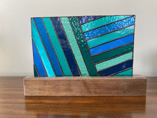 Stained Glass Geometric Panel Inlaid on a Finished Hardwood Base - Shades of Blue