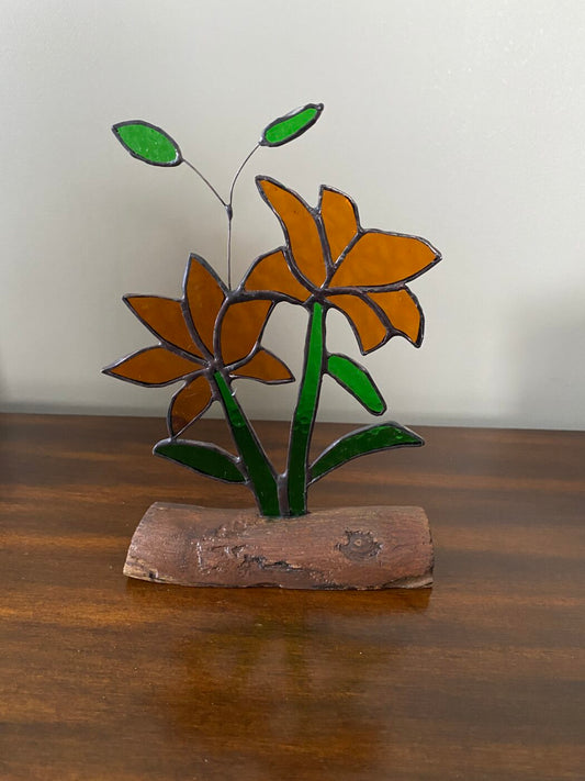 Stained Glass Lilies Inlaid on Driftwood Base - Orange