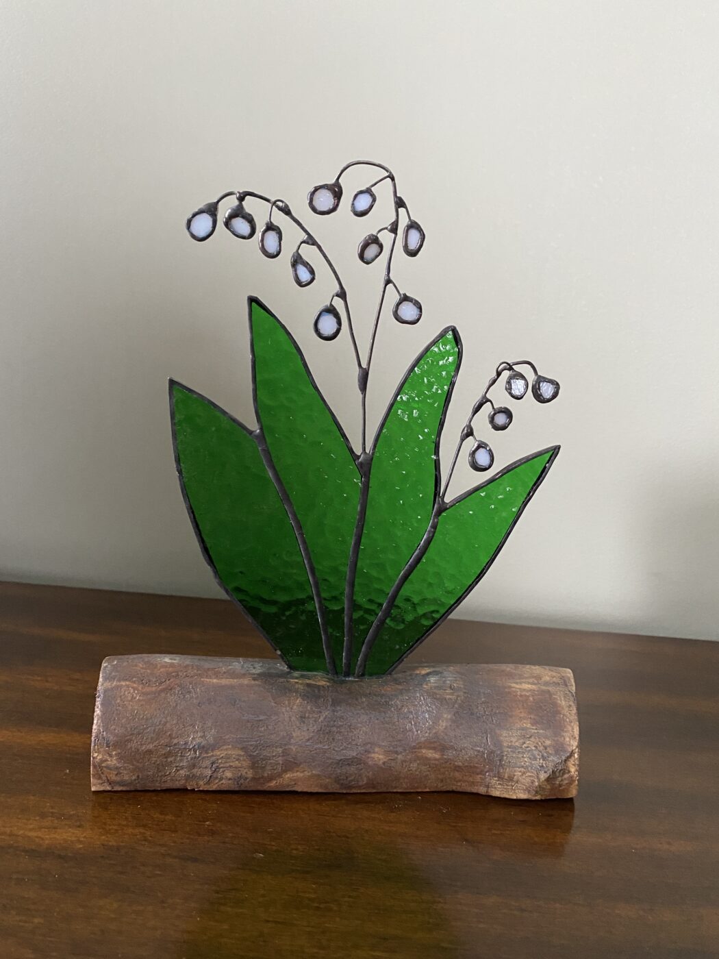 Stained Glass Lily of the Valley on Inlaid Driftwood Base
