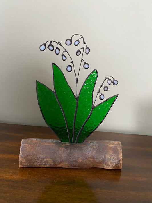 Stained Glass Lily of the Valley on Inlaid Driftwood Base