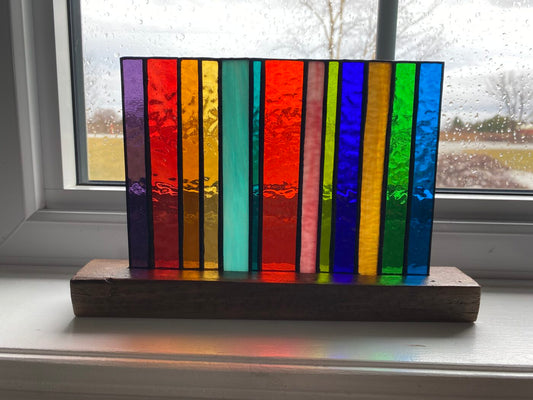 Stained Glass Lollipop Colours Geometric Panel Art Inlaid on Wood Base