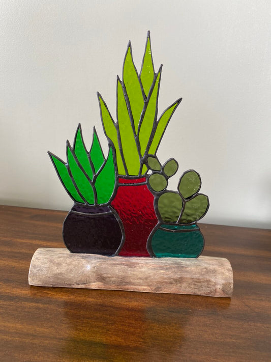 Stained Glass Panel of Three Cacti & Aloe in Clay Pots Inlaid on Driftwood Base - Purple, Red, & Aqua