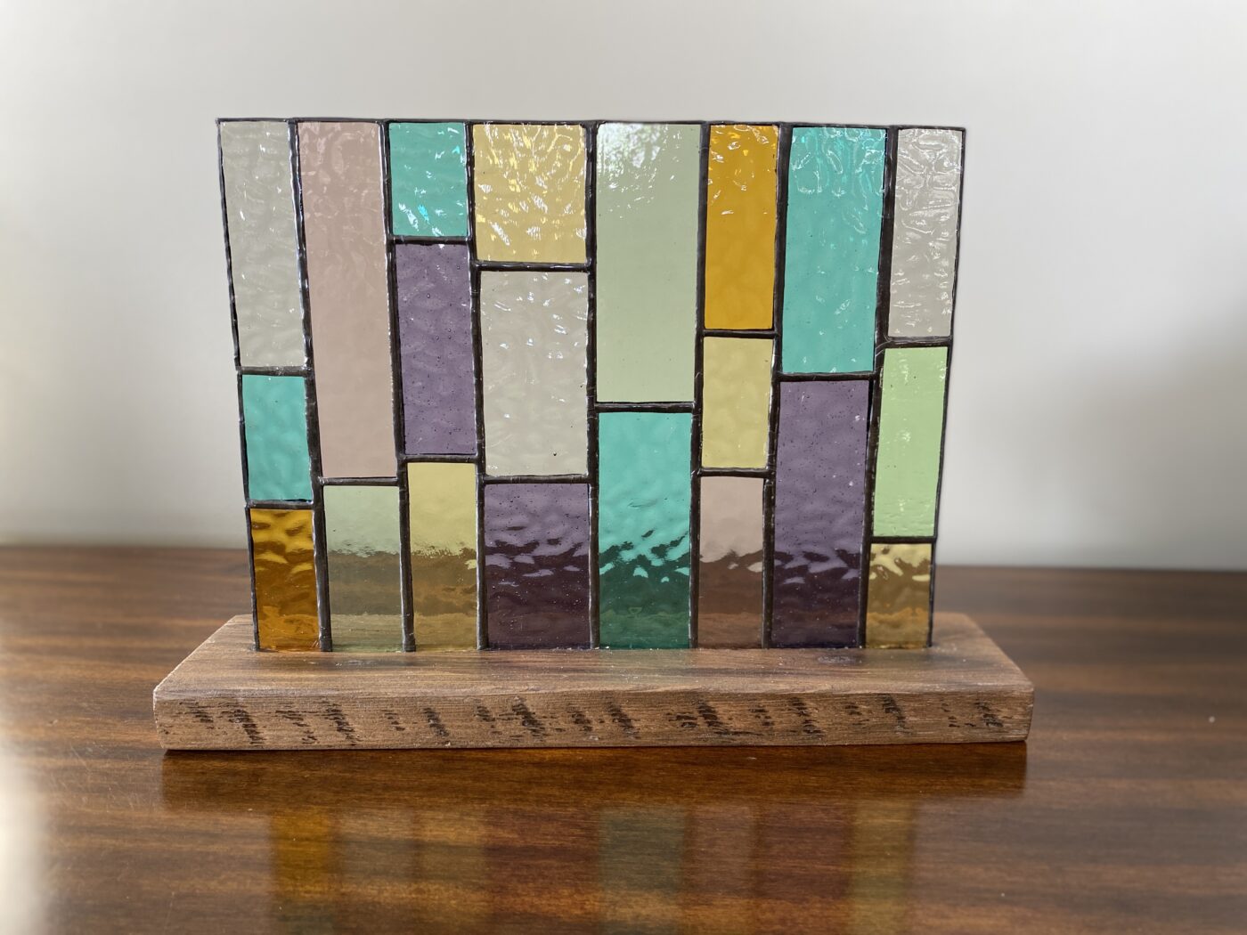 Stained Glass Pastel Easter Colours Geometric Design Panel on Finished Hardwood Base