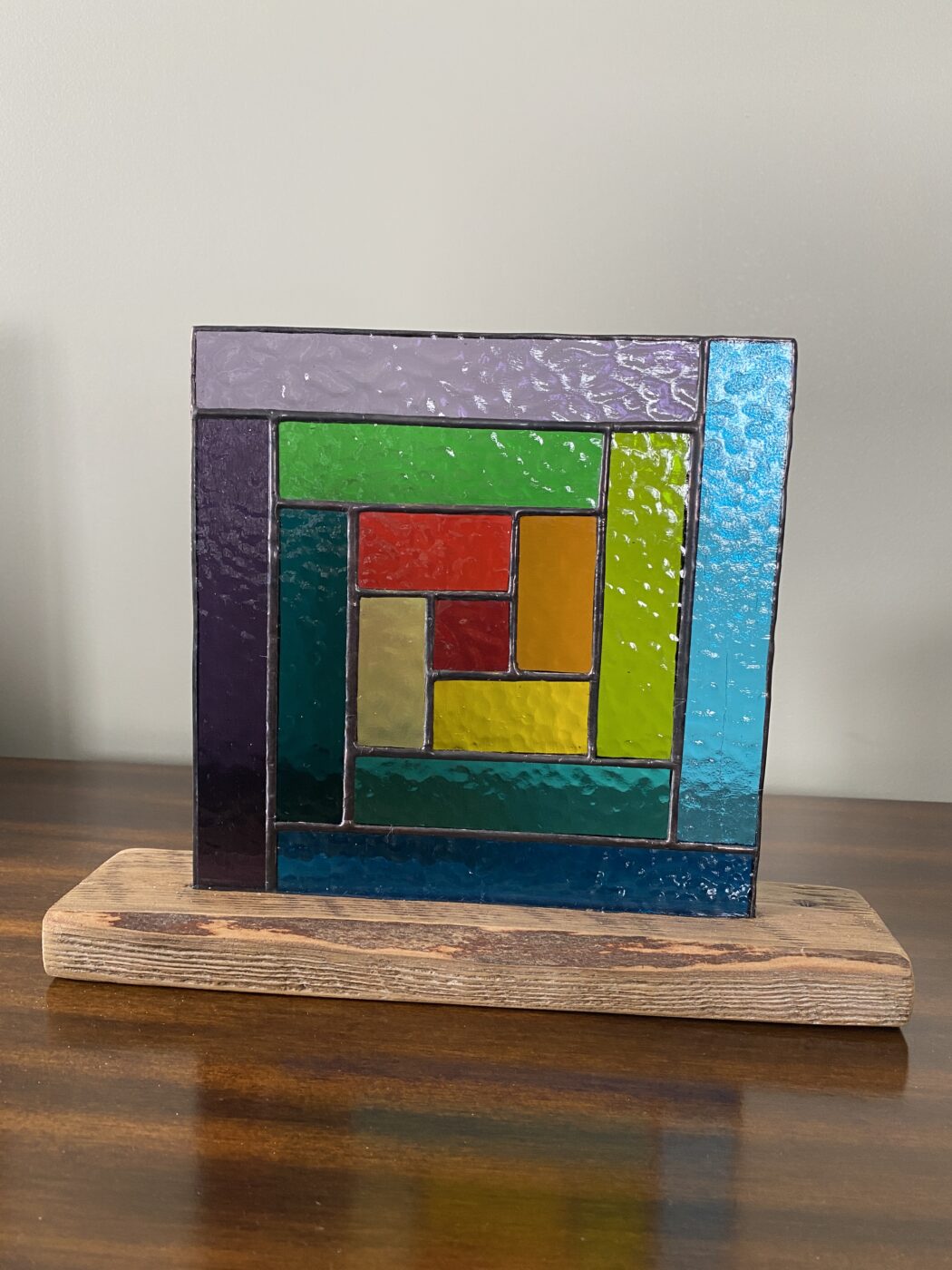 Stained Glass Rainbow Geometric Panel on Finished Hardwood Base