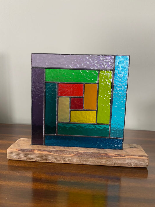 Stained Glass Rainbow Geometric Panel on Finished Hardwood Base