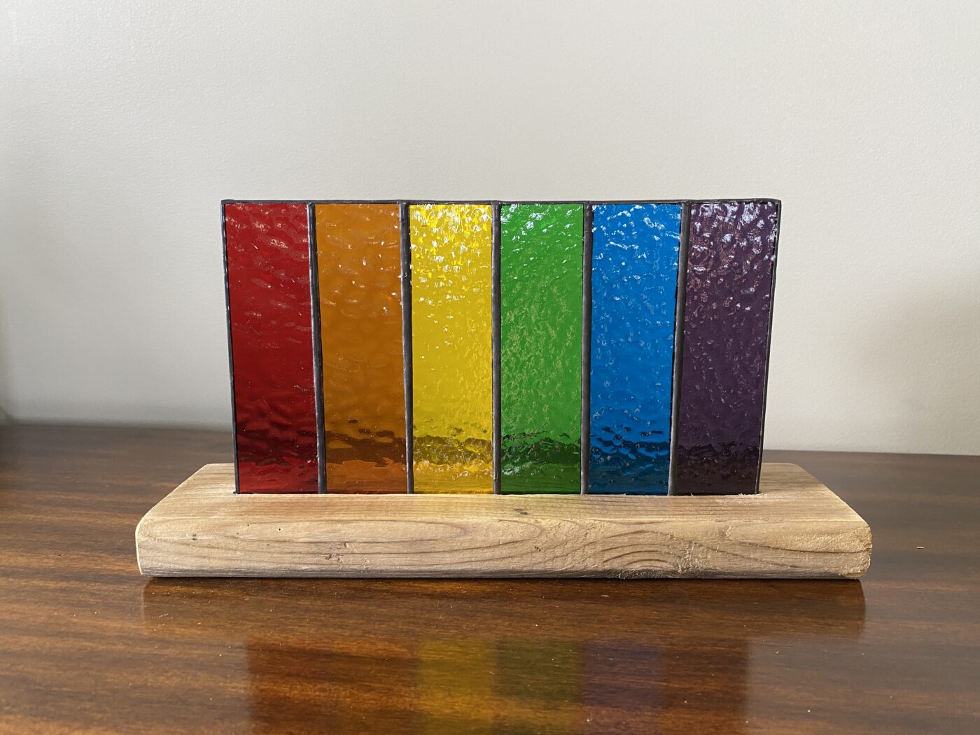 Stained Glass Rainbow Pride Flag Panel Inlaid on Wood Base