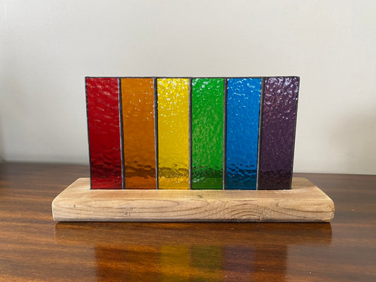 Stained Glass Rainbow Pride Flag Panel Inlaid on Wood Base