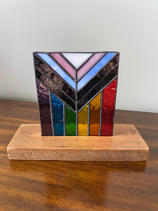 Stained Glass Rainbow Progress Pride Flag Panel Inlaid on Wood Base