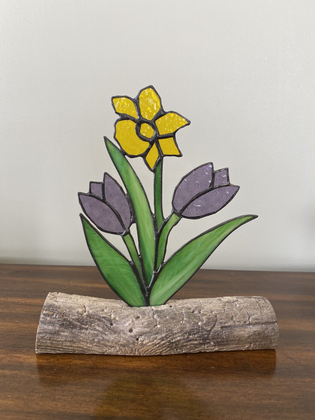 Stained Glass Tulip & Daffodil Spring Bouquet on Driftwood Base -  available in a variety of colours