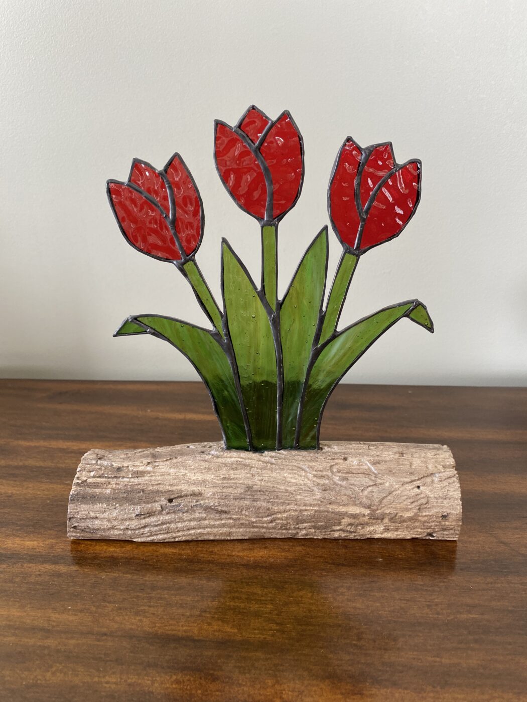 Stained Glass Tulip Flower Bouquet Inlaid on Driftwood Base -  various colours to choose from