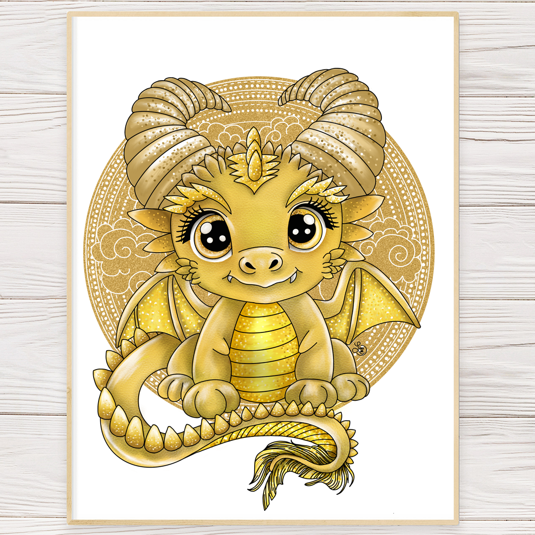 Framed art print with golden dragon hatchling illustration and ornate circular design