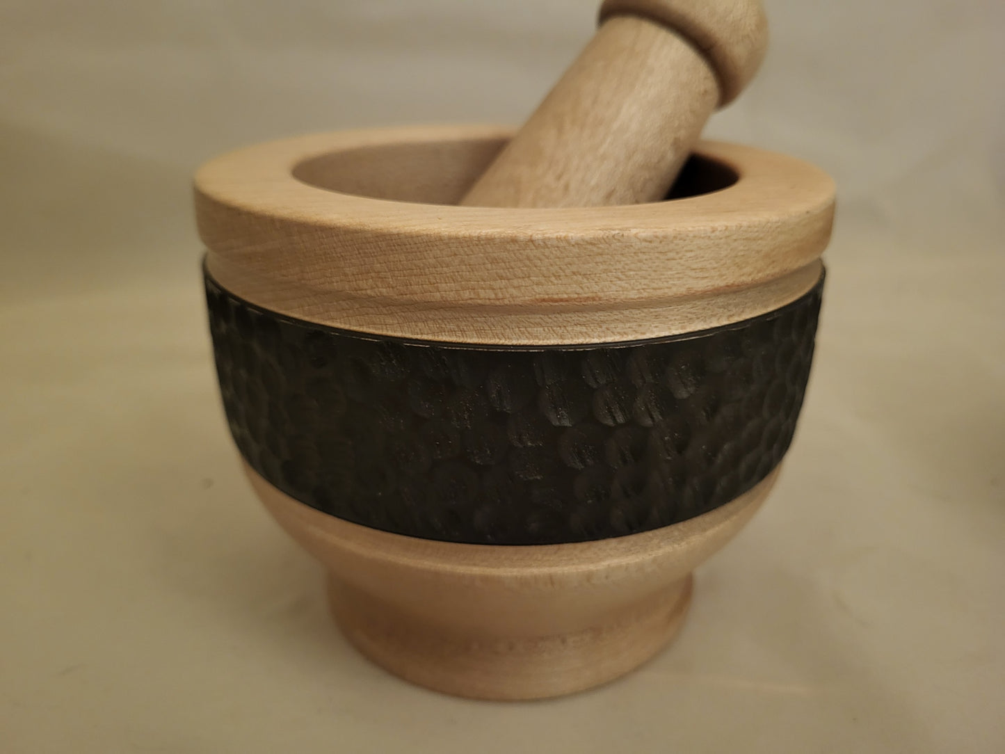 Hand-Turned Wooden Mortar and Pestle Set with Textured Accent Band