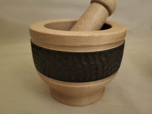 Hand-Turned Wooden Mortar and Pestle Set with Textured Accent Band