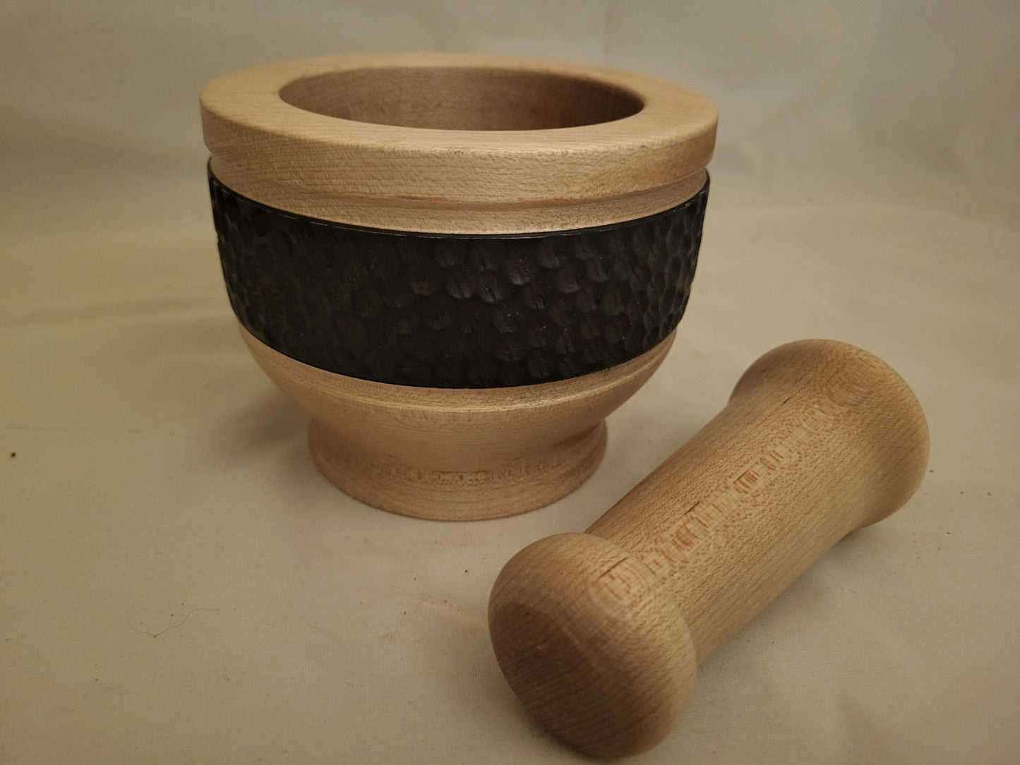Hand-Turned Wooden Mortar and Pestle Set with Textured Accent Band