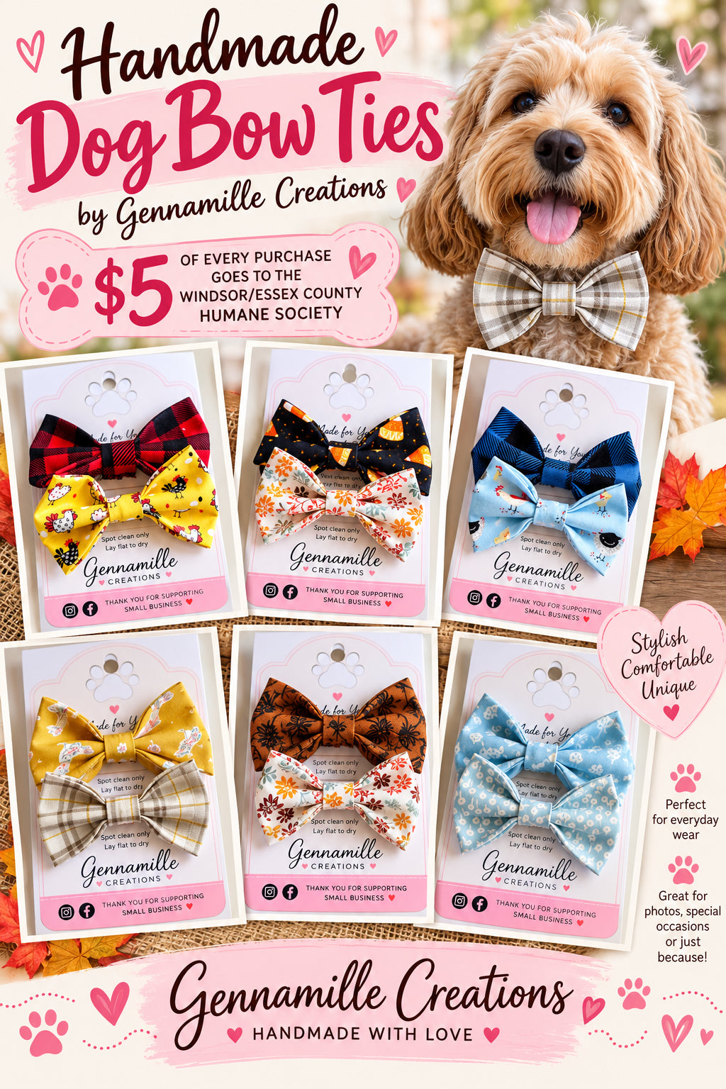 Dog bow tie set on display with a small dog wearing a plaid bow tie
