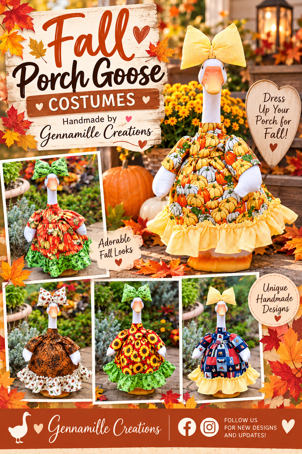 Fall-themed porched goose outfit dress with yellow bow and orange pumpkin ruffled skirt