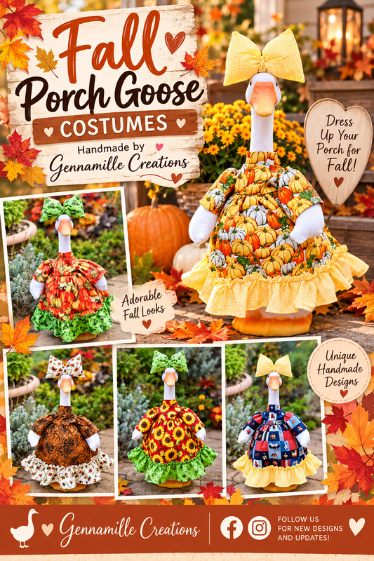 Fall-themed porched goose outfit dress with yellow bow and orange pumpkin ruffled skirt