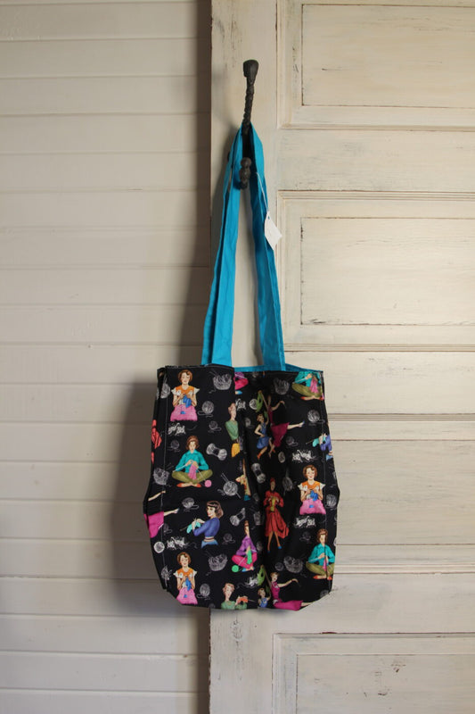Hand Sewn Tote Bag (retro knitters, black tote)