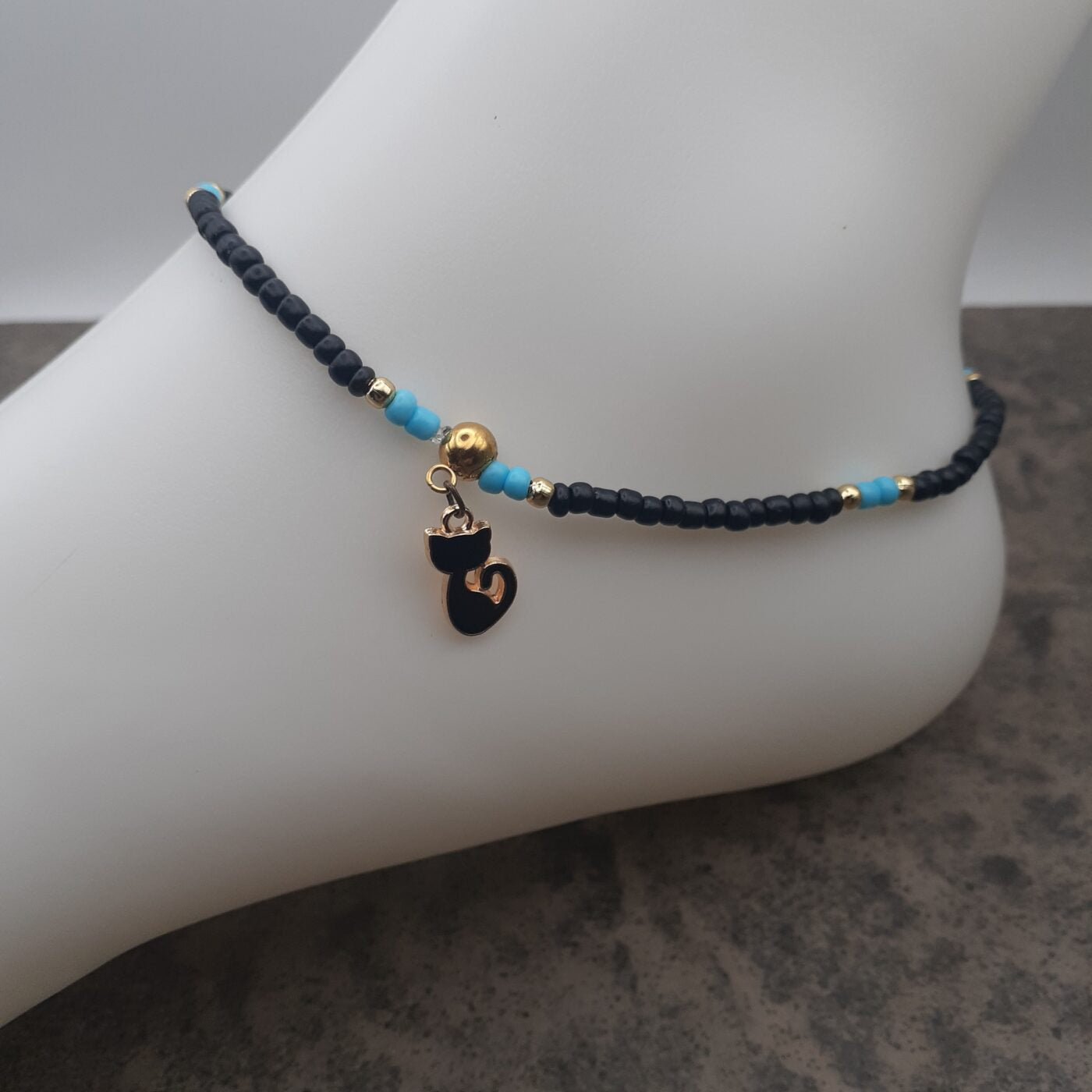 Black Cat Magic Stretch Style Anklet in Black Czech Seed Beads and Bands of Contrasting Blue and Cat Charm