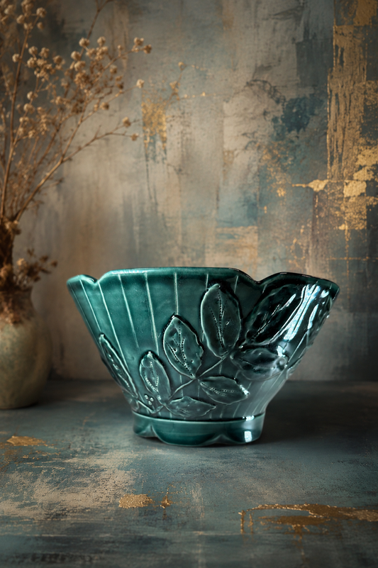 Green ceramic bowl with embossed botanical leaf design and glossy dark side accents