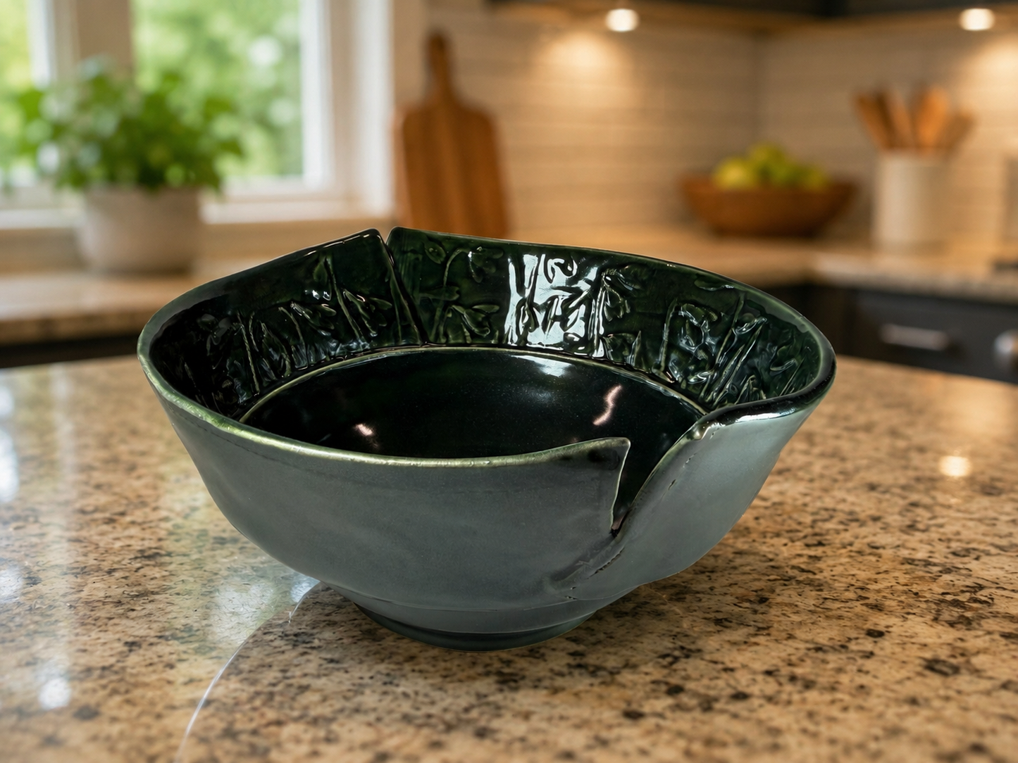 Emerald Veil emerald green ceramic serving bowl, glossy fluted rim