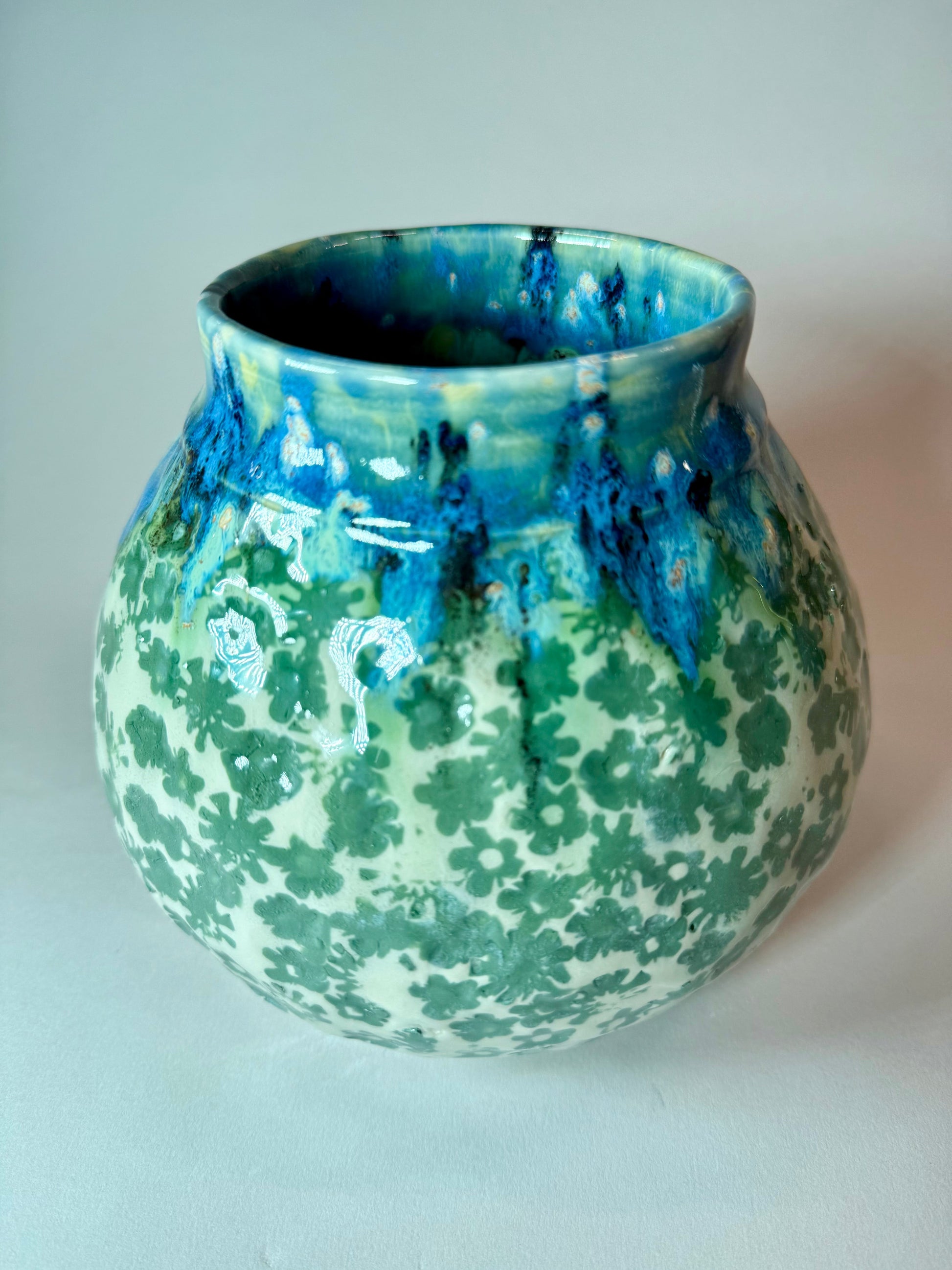 Bunchung Moon ceramic vase with blue-to-green mottled glaze, rounded belly