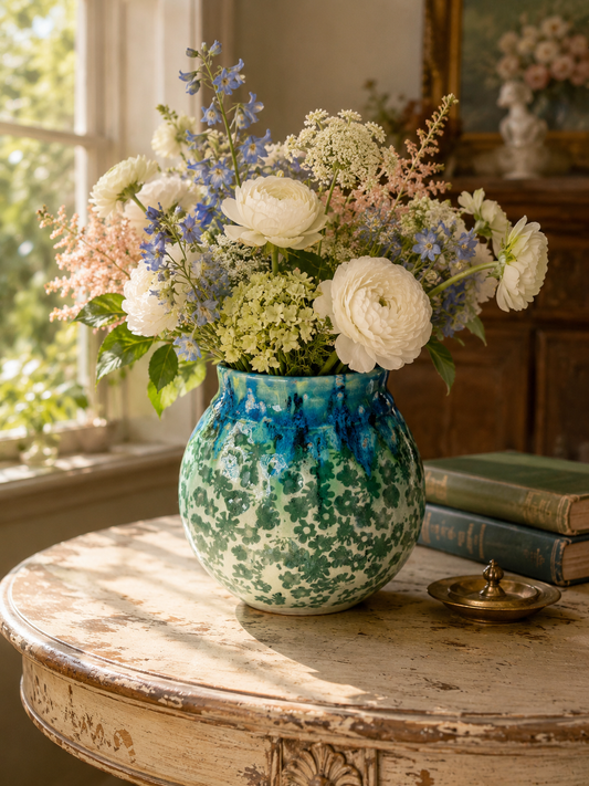 Ceramic vase with blue and green speckled glaze, holding white and blue flowers