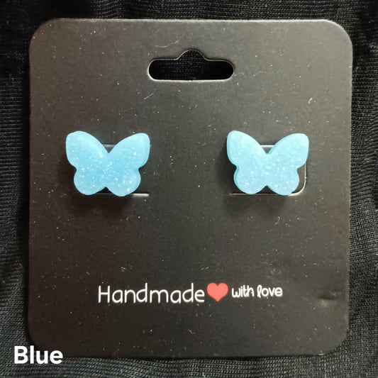 Blue glitter butterfly stud earrings, small butterfly posts