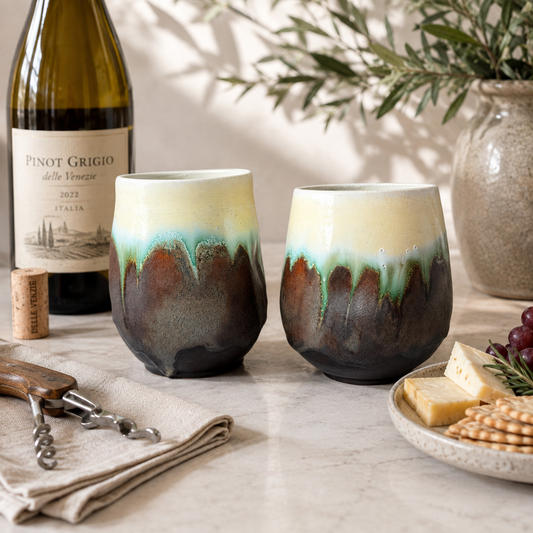 Misty Mountain ceramic cups with speckled glaze, amber-brown and teal-green streaks