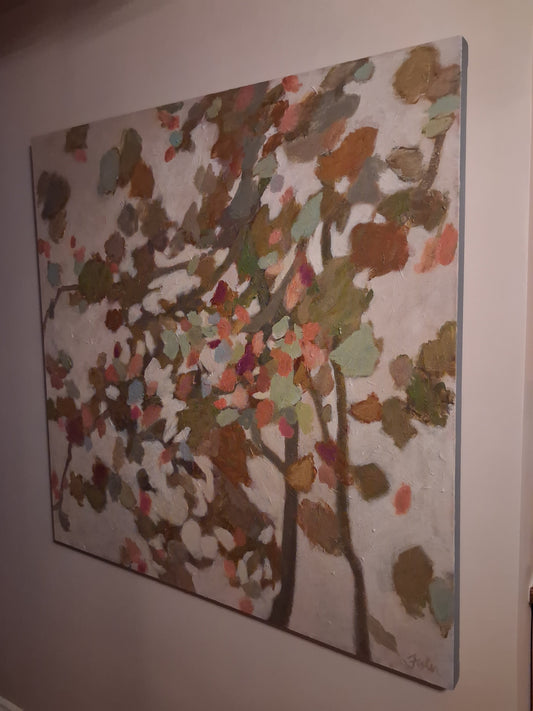 Abstract multicolor floral wall art on canvas with tree-branch pattern, framed