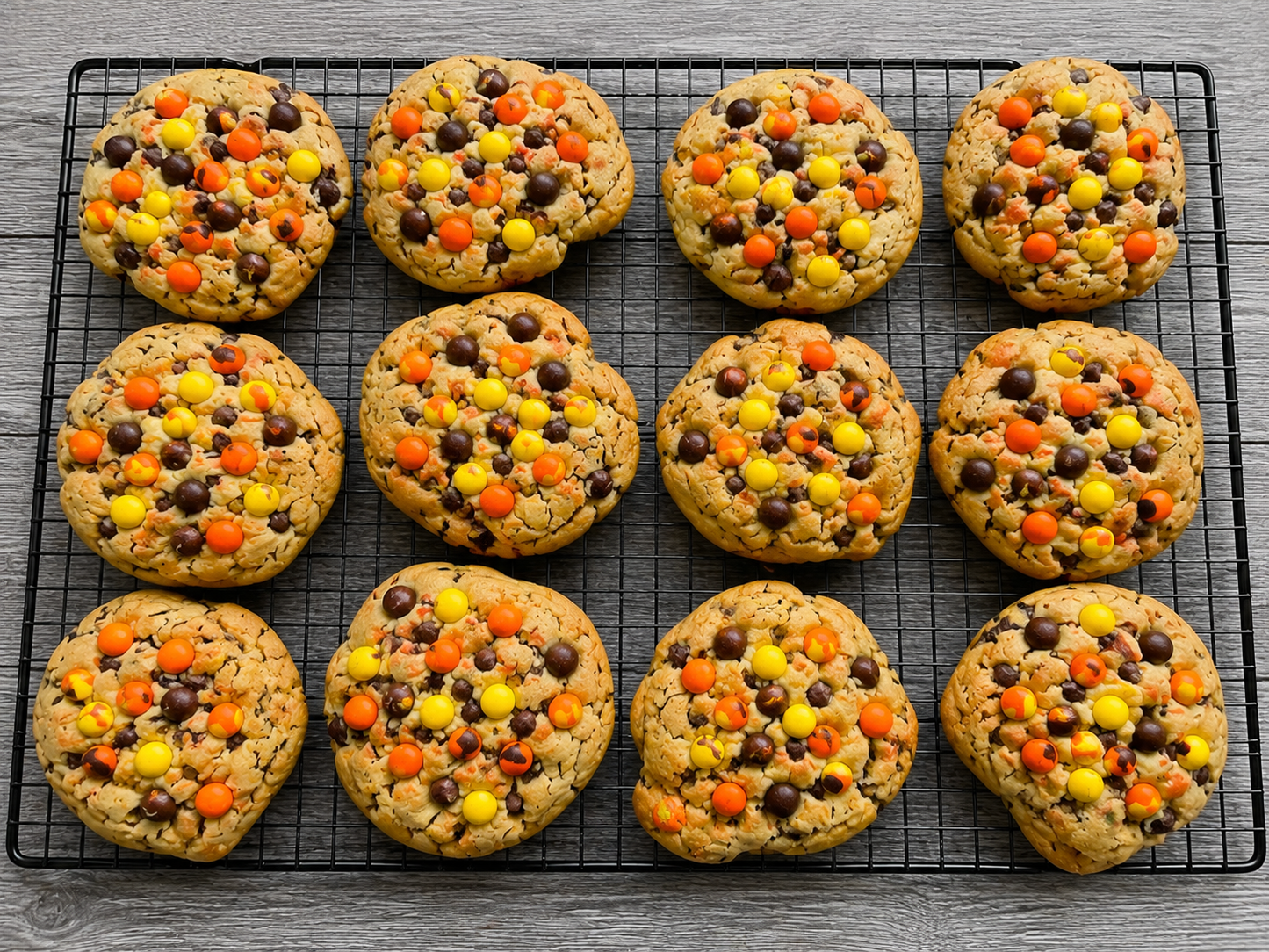 Peanut butter stuffed cookies with chocolate chips and colorful candy pieces on wire rack