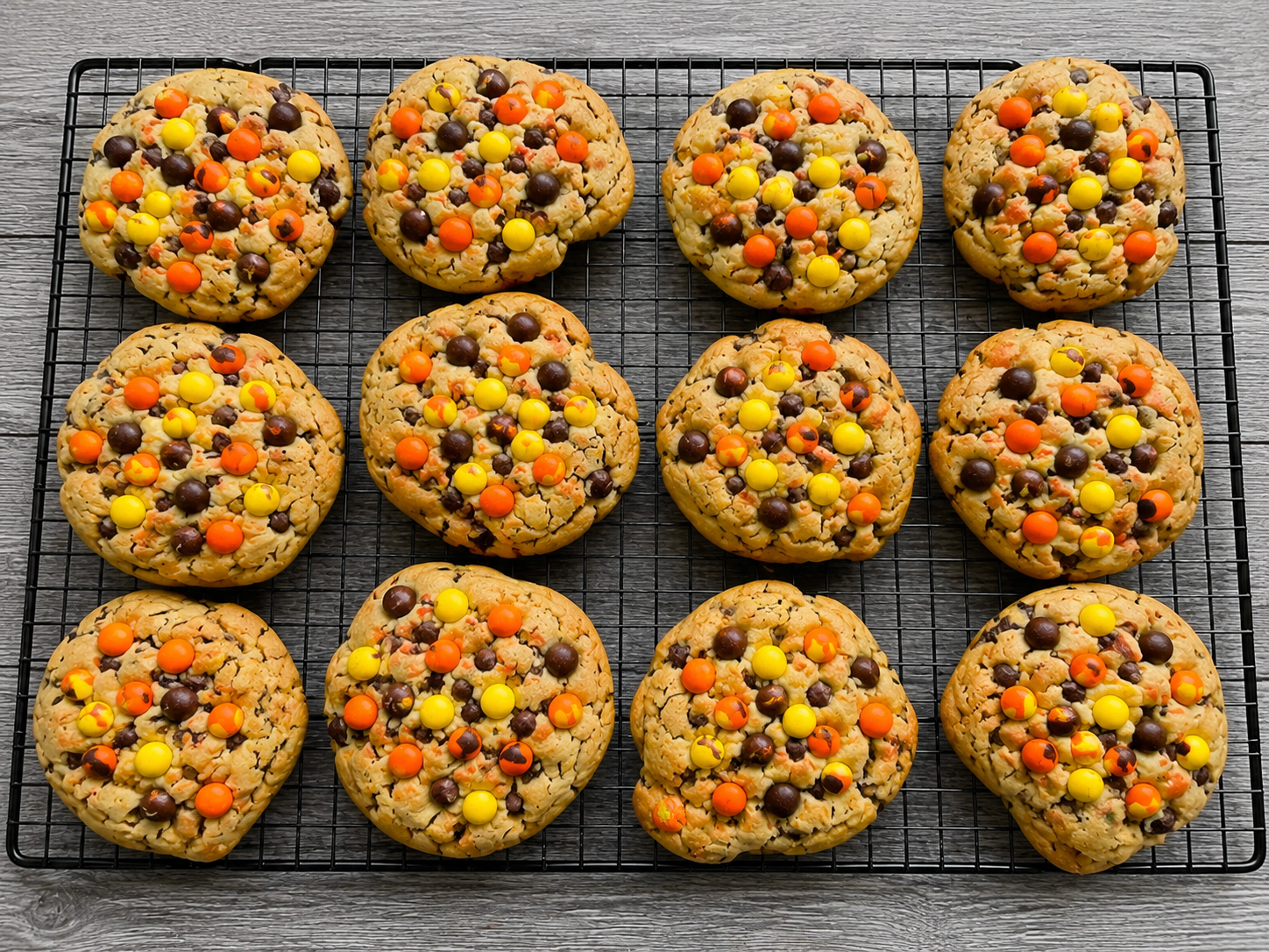 Peanut butter stuffed cookies with chocolate chips and colorful candy pieces on wire rack